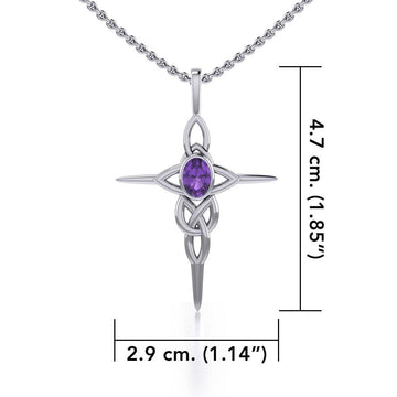 Celtic Knotwork Cross Sterling Silver Pendant with Gemstone and Chain Set TSE722 - Jewelry